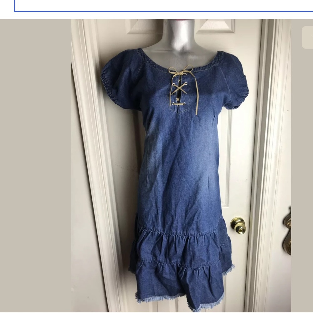 Just Blu Blue Denim Jean Dress L cotton Lace up